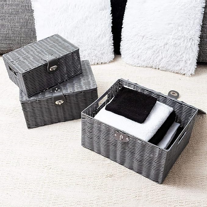 Set of 3 Woven Storage Basket Bin Wicker Hamper Stackable Box with Lid & Lock, Container Tote Cube Organizer for Nursery, Baby Toiletry, Diaper, Toys, Home Closet, Laundry, DVD, Book (Grey)