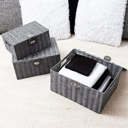 Set of 3 Woven Storage Basket Bin Wicker Hamper Stackable Box with Lid & Lock, Container Tote Cube Organizer for Nursery, Baby Toiletry, Diaper, Toys, Home Closet, Laundry, DVD, Book (Grey)