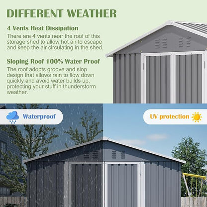 8x12 FT Shed Outdoor Storage Metal Large Garden Tool Sheds with Lockable Doors Floor Frame Gable Roof Waterproof Steel Utility Equipment Sheds for Backyard Patio Lawn Poolside, Grey