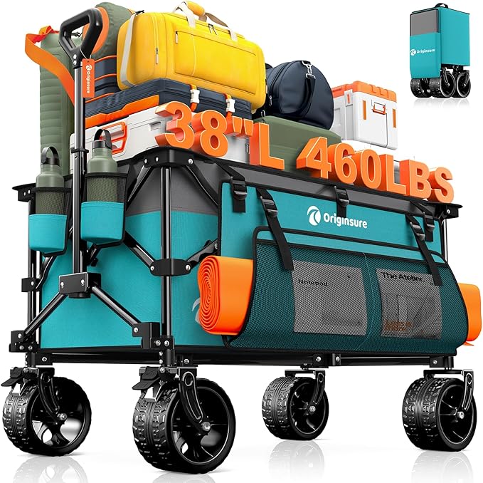 220L Collapsible Wagon Cart Foldable, 460lbs Load Capacity Heavy Duty Folding Beach Wagons with Big All-Terrain Wheels, Utility Carts for Groceries, Camping, Sports - Grey&Turquoise