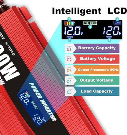 500 Watt Car Power Inverter DC 12V to 110V/120V AC Converter with LCD Display 2 AC Outlets 3.0A USB and Type-C Car Charger Adapter for Car Home Laptop Truck