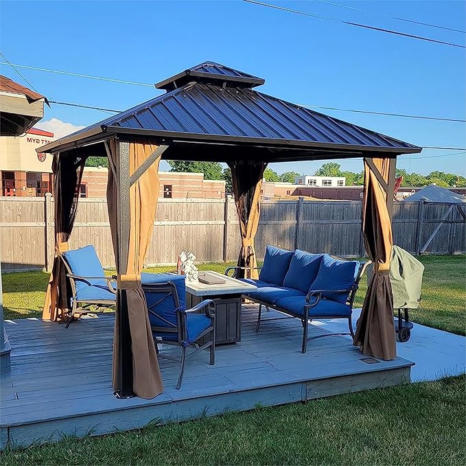 Domi 10' x 10' Hardtop Gazebo Permanent Metal Gazebo with Galvanized Steel Double Roof, Curtains and Netting for Party, Wedding, Outdoor Dining, Patio, Backyard, Brown