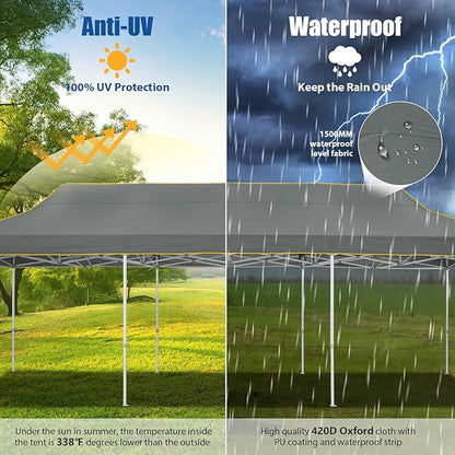 HOTEEL 10x30 Pop up Canopy Tent for Parties, Heavy Duty Easy Setup Tent Without Sidewalls, Outdoor Commercial Instant Gazebo for Wedding Event, with Portable Bag, Grey(Hexagonal Frame)