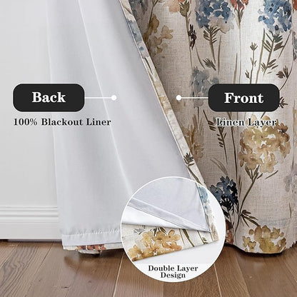 MYSKY HOME Extra Long 100% Blackout Curtains 108 Inches Long 2 Panels for Living Room Bedroom Farmhouse Floral Patterned Double Layer Thermal Insulated Grommet Window Treatments, Yellow, 52" W Each