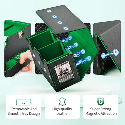 Card Deck Box for MTG, Double Card Storage Box with 2 Commander Display & 1 Dice Tray, Fits 200+ Double Sleeved Cards, Organizer for CCG TCG Sports Cards (Black Green)