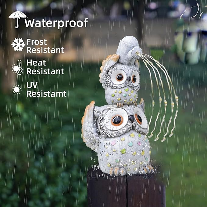 Solar Garden Statues Outdoor Decor, Watering Owl Statue Garden Decor, Resin Yard Decorations Outdoor for Patio, Porch, Balcony, Lawn Ornaments, House Warming Birthday Gifts for Mom Women Grandma