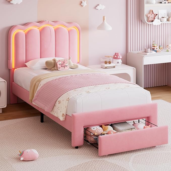 Twin Upholstered LED Bed Frame with Storage Drawer and Adjustable Chic Double Wavy Headboard, Velvet Princess Platform Bed for Girls/Kids, Solid Wood Slats Support, No Box Spring Needed, Pink