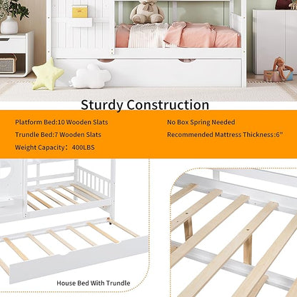 Linique Wooden Full Size House Bed with Trundle and Storage Shelf,Modern Design Full Platform Bed Frame with Pitched Roof,White