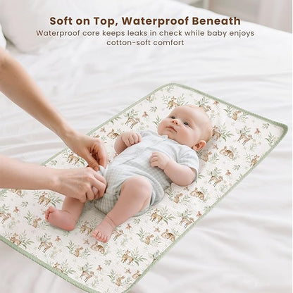 Konssy 2 Pack Waterproof Muslin Cotton Portable Changing Pad 30"x 17", Soft & Foldable Baby Changing Mat Travel Pad with Terry Backing, Shower Gift for Newborn Girls Boys (Woodland,Sage)