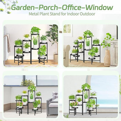 iDavosic.ly Plant Stand Indoor Outdoor, 10 Tier Corner Metal Flower Display Holder Shelf, Folding Tall Orchid Rack for Patio Balcony Porch Garden Living Room House, Black