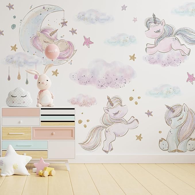 Unicorn Wall Decals by Lipastick - Vibrant Glitter Moon, Stars, Cloud Stickers for Girls Bedroom, Baby Nursery, Kids Room, Birthday Party Decor Art- Peel and Stick Gift Idea- XXL Size
