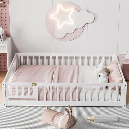 i-POOK Queen Floor Bed for Children, Sturdy Wood Montessori Bed Frame with Wood Slats, Fence & Door, Montessori Floor Bed for Girls and Boys, White