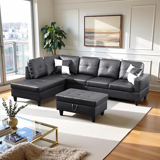 Osparple L Shaped Couch Faux Leather Sectional Couches for Living Room Upholstered 3 Pieces Modular Sectional Sofa with Chaise, Ottoman with Storage for Living Room and Small Apartment, Black