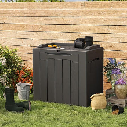 Patiolife 30 Gallon Resin Deck Box, Small Outdoor Storage for Garden Tools, Pool Supplies, Waterproof and Lockable, Black