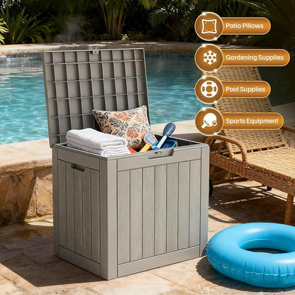 31 Gallon Deck Box, Small Outdoor Storage Box Waterproof, UV-Resistant and Weatherproof Outside Resin Storage Bin for Outdoor Patio Furniture Pillows, Pool Supplies, Garden Tools, Light Brown