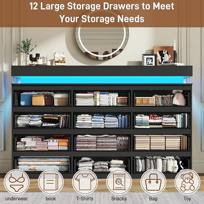 12 Drawer Dresser for Bedroom, 70" Wide 44" Tall Dresser with LED Light & Charging Station, Modern Chest of Drawers for Closet, Living Room, Entryway, Hallway (Black, 12 Drawers)