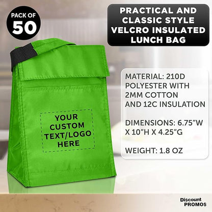 DISCOUNT PROMOS 50 Hook and Loop Insulated Lunch Bags Set - Customizable Text, Logo - Polyester, Durable, Vibrant, Reusable - Green