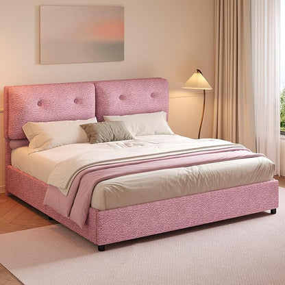 Boucle Upholstered Bed Frame King Size, Low Platform Bed King, Modern Soft Style, Adjustable Headboard, No Box Spring Needed, Easy Assembly, Pink