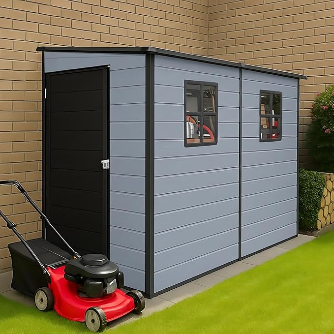 8x4ft Lean to Shed, Resin Outdoor Storage Shed with Floor and 2 Windows, Plastic Sheds & Outdoor Storage Clearance for Patio Furniture, Garden Tools Bike Accessories, Beach Chairs, Black+Grey