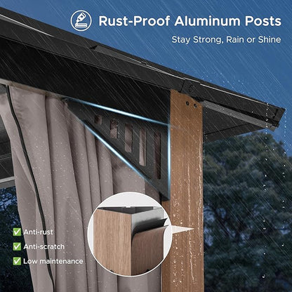 SUNJOY Kingston 10' x 10' Hardtop Gazebo with Galvanized Steel/Polycarbonate Double Roof, Curtain and Netting, Woodgrain Finish Aluminum Posts Permanent Pavilion Gazebo for Garden, Patio, Deck, Lawn