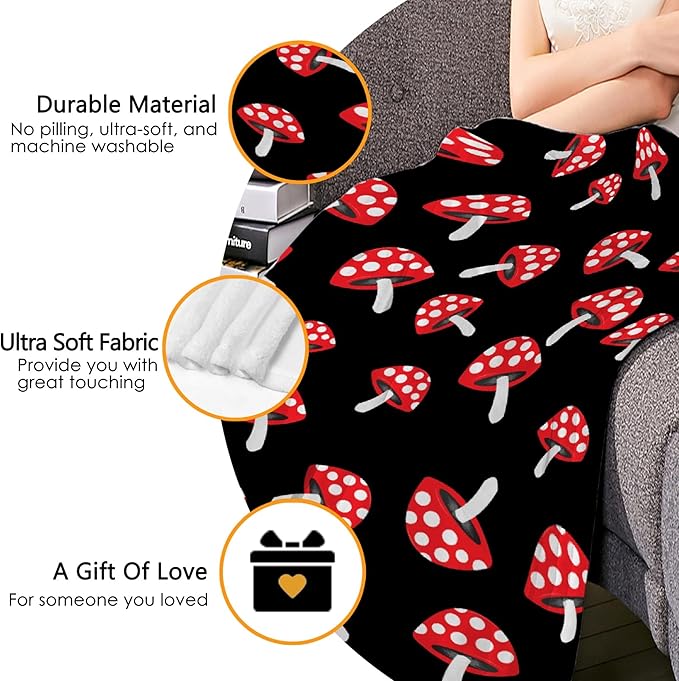 Thuswarm Cute Red Mushroom Flannel Blanket for Autumn Winter Gifts Warm Cozy Soft Funny Print Throw for Bed Couch Sofa 60”×50” Medium for Teen