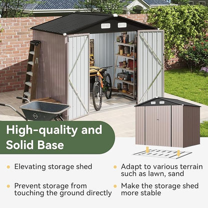Aoxun 7x5 FT Outdoor Storage Shed with Base Garden Metal Shed with Lockable Door Outdoor Large Shed for Tool, Garbage Can, Bike, Mower, Brown