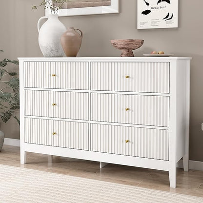 White Dresser for Bedroom, 6 Drawers Fluted Chest of Drawers with Storage, Modern Wide Storage Dresser with Paint Design, Wood Drawer Organizer White Dressers for Hallway, Entryway
