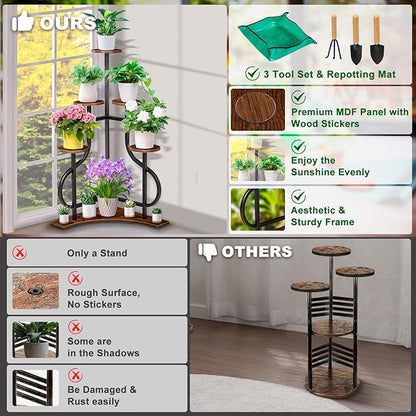 6-Tier Corner Plant Stand, Indoor Plant Stand with L-shaped Base, Aesthetic Metal Plants Shelf for Multiple Plants Flower Pot, MDF Outdoor Plant Holder for Patio Balcony (Rustic Brown)