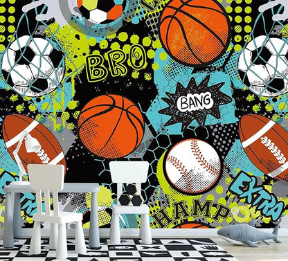 AFZEVEB-Colorful Graffiti Wallpaper Hand-Painted Ball Wall murals for Kids Room 159"x107"(Not Peel and Stick)