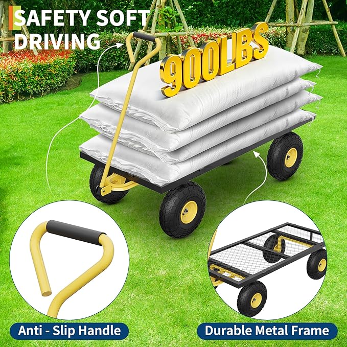 GarveeLife 900 LBS Garden Cart with Removable Mesh Sides, Heavy Duty Steel Garden Wagon with Adjustable Handles & 10 in Pneumatic Tires, Utility Wagon for Lawn Camping Farm Yard, Black+Yellow