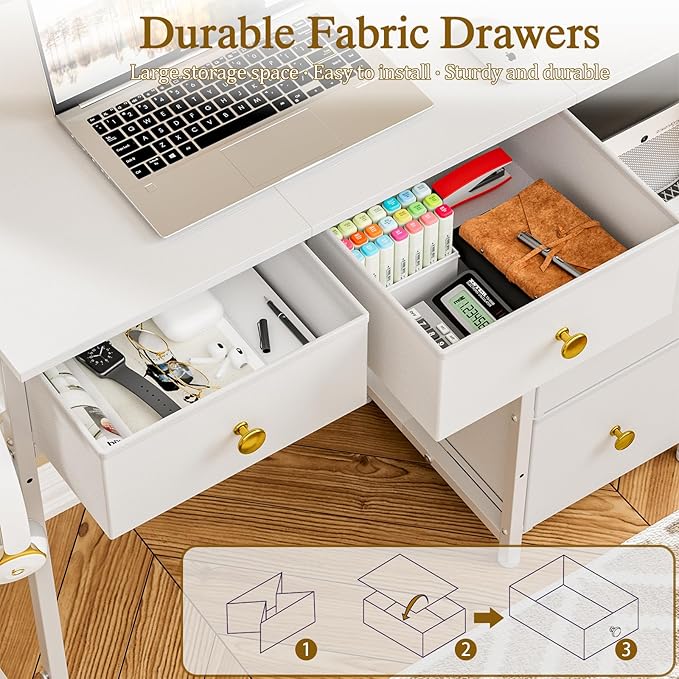 Small Computer Desk with 4 Fabric Drawers, Simple Writing Desk for Home Office, Compact Study Desks for Small Spaces, Kids Desk Study for Bedroom, White