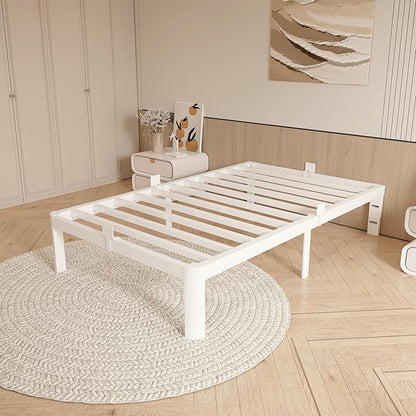 12 Inch Twin Bed Frame, Platform Bed Frames with Metal Gaskets, Anti-Slip Mattress Stopper, No Box Spring Needed, Heavy Duty Steel Slat Support, Round Corner Leg, Easy Assembly, White