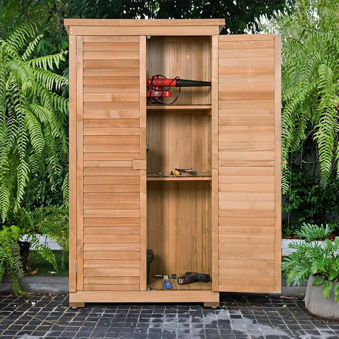 Goplus Outdoor Storage Cabinet, Wooden Storage Shed with Latch, Detachable Shelves & Weather Resistant Pitch Roof, Vertical Garden Tool Organizer for Outside Yard Patio Deck