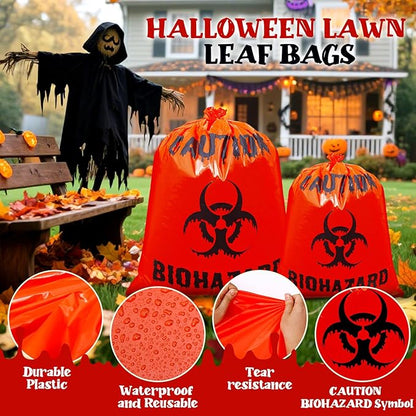 12 Pcs Large Halloween Leaf Bags Biohazard Halloween Decorations Halloween Trash Bags for Leaves Plastic Yard Lawn Waste Bags Scientist Biohazard Bags Outdoor Biohazard Zombie Party Decorations (Red)