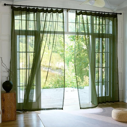 Dark Green Linen Look Sheer Curtains 108 Inches Long 2 Panels, Rustic Textured Light Filtering Drapes, Olive Window Decor, Floor to Ceiling Pinch Pleat Curtain with Hooks
