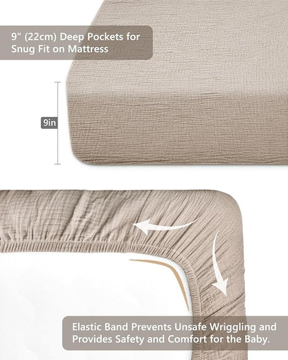 Crib Sheets for Baby Boy Girl 2 Pack, Fitted Crib Mattress Sheet 28" x 52", Muslin Toddler Bedding with Neutral Style, Nursery Bedding Essentials (Beige & Rainbow)