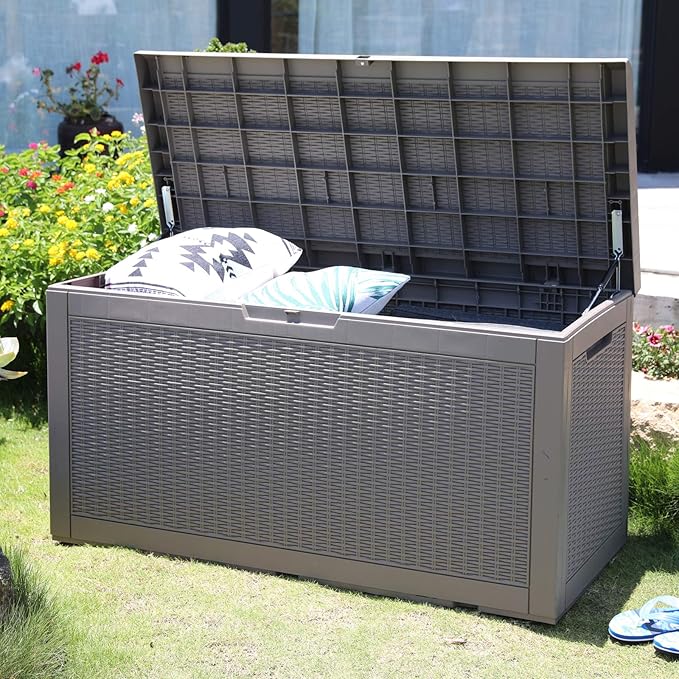 Modern-Depo 100 Gallon Polypropylene PP Deck Box Indoor Outdoor Waterproof Lockable Organization Container & Storage Bin Delivery Box with Cushion, Gray