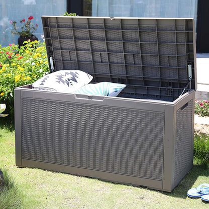 Modern-Depo 100 Gallon Polypropylene PP Deck Box Indoor Outdoor Waterproof Lockable Organization Container & Storage Bin Delivery Box with Cushion, Gray
