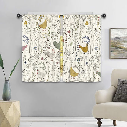 Rooster Chicken Leaves Kitchen Curtains 27.5W x 39L Inch Plant Botanical Rustic Farmhouse Cottagecore Rod Pocket Short Small Window Treatment Drapes Decor 2 Panels