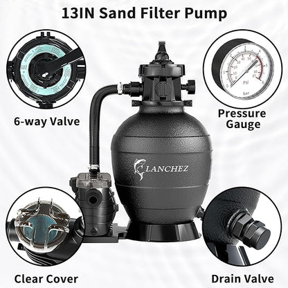 LANCHEZ 13" Sand Filter Pump for Above Ground Pool, 3/4 HP, Max 3500 GPH for Pools Up to 11000GAL, 6-Way Valve Pool Sand Filter System with Strainer Basket, Enhanced Circulation for Crystal-Clear Pool