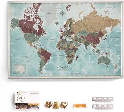 Canvas World Map with Cork Pin Board - English Lettering - Decorative Wall Decoration for All Rooms - Canvas Pictures with World Map Motif (120x80 cm, Pattern 11)