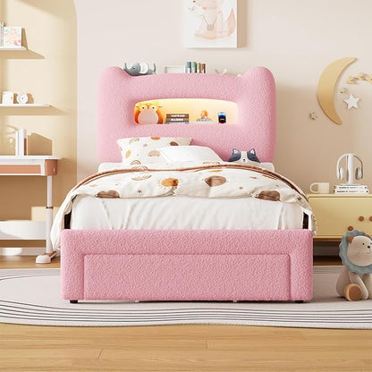 GarveeHome LED Twin Bed Frame with 2-Tier Storage Headboard, Upholstered Platform Bed with Charging Station and Drawer for Kids/Girls/Boys, Heavy Duty Metal Support, No Box Spring Needed, Pink