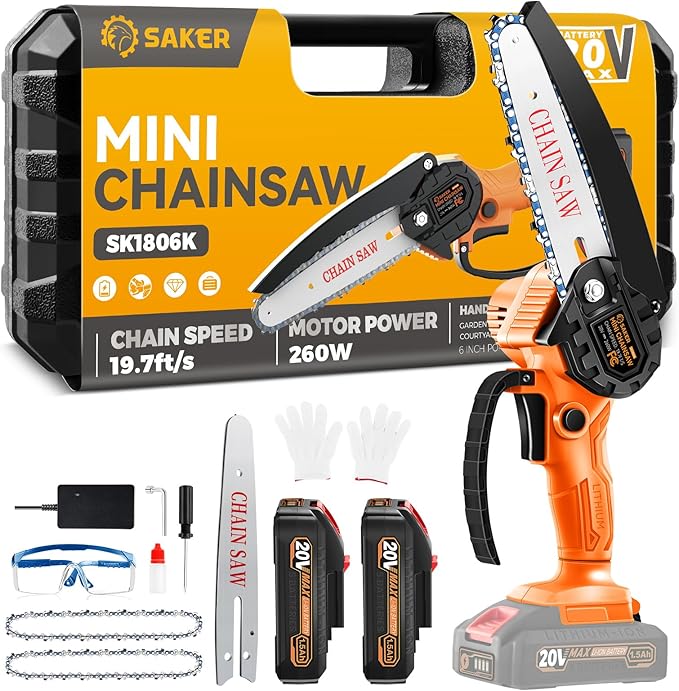 Saker Mini Chainsaw|6 Inch Chainsaws[2025 Upgraded]|Mini Cordless Electric Chain Saw|Small Handheld Portable Chain Saws Battery Powered Saw for Tree Trimmer and Garden
