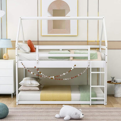 MERITLINE House Shaped Bunk Bed Twin Over Twin Size Wood Bunk Bed Frame Low Bunk Beds for Kids and Toddlers, Twin Size,White