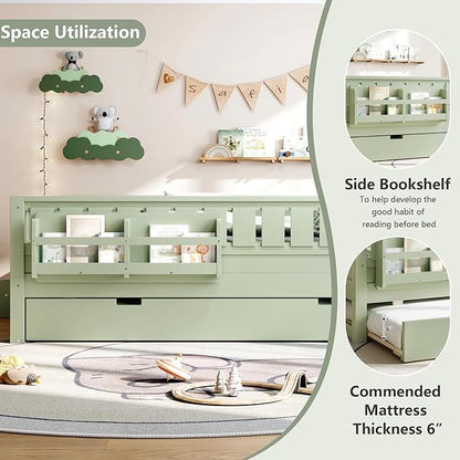 Bellemave Full Bed with Trundle and Stairs, Full Size Platform Bed Frame with Fence and Bookshelf, Easy Assemble Beds for Kids, Girls, Boys, Green