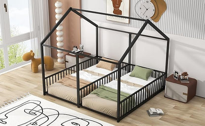Harper & Bright Designs Metal Twin Size House Platform Bed Frame for Boys Girls Kids Adults Toddler, Two Shared Beds, Black