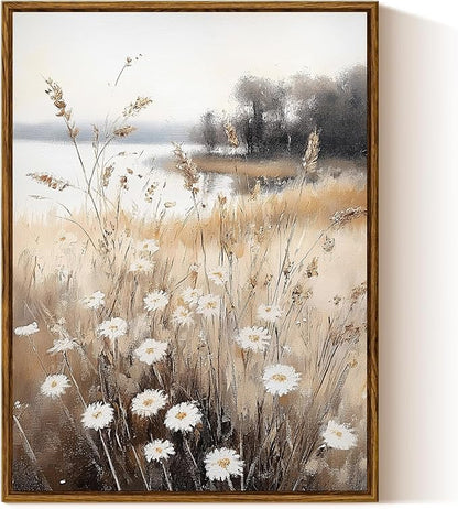 InSimSea Framed Canvas Wall Art for Living Room Landscape Wall Decor Meadow with Flowers Vintage Paintings Classical Wildflower Field Scene Boho Floral Pictures Decor for Bathroom Bedroom 12x16in