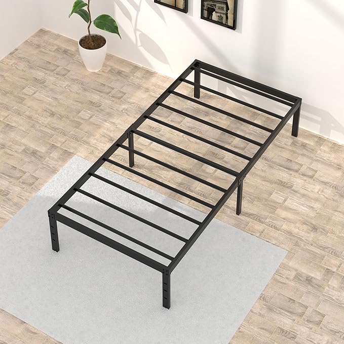 18 Inch Twin Bed Frames No Box Spring Need, Metal Platform Bed Frame Twin Size with High Storage, Eassy Assembly 2,500 Lbs Heavy Duty Bedframes, Black