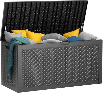 100 Gallon Resin Deck Box, Lockable Patio Outdoor Storage Box for Furniture, Garden Tools and Tools Storage, Waterproof Outside Storage Boxes - Patterned black
