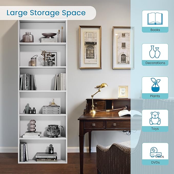 71" Tall Bookcase, 6-Tier Open Display Storage Shelves, Floor Standing Large Book Shelf for Living Room, Home Office, Bed Room, White
